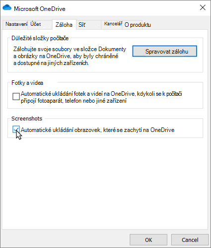 Podokno nastavení OneDrivu s panelem Zálohování se zaškrtnutým políčkem automaticky uložit snímek obrazovky s informacemi o automatickém ukládání snímků z OneDrivu