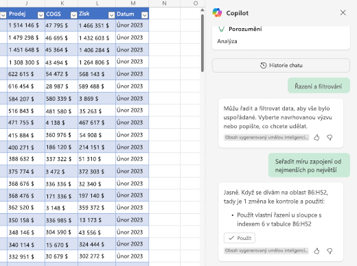 Snímek obrazovky znázorňující, jak třídit data pomocí funkce Copilot v Excelu.