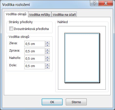 Dialogové okno Vodítka rozložení v aplikaci Publisher