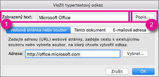 Dialog pro vložení hypertextového odkazu v Office pro Mac
