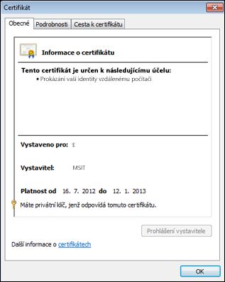 Dialogové okno Certifikát
