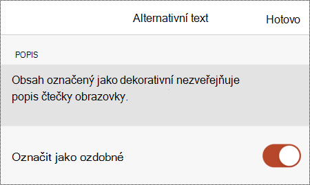 Možnost Označit jako ozdobné vybrané v dialogovém okně Alternativní text v PowerPoint pro iOS.