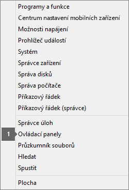Seznam možností a příkazů zobrazený po stisknutí klávesy s logem Windows + X