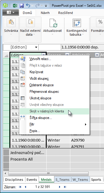 Kliknutí pravým tlačítkem a skrytí polí tabulky v klientských nástrojích Excelu