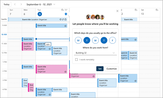 Snímek obrazovky s kalendářem znázorňujícím výběr pracovního umístění