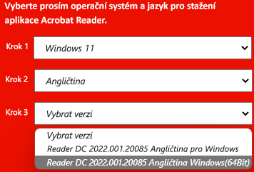 Okno s rozevíracím seznamem verzí pro instalaci Adobe.