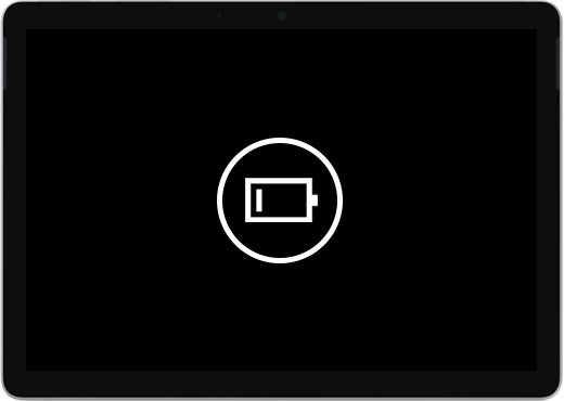 Černá obrazovka s ikonou nízkého stavu baterie.