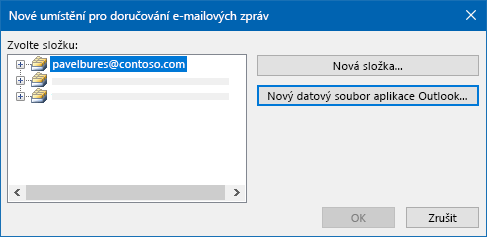 Dialog umístění doručování e-mailů v Outlooku