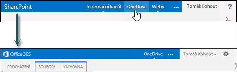 Výběrem OneDrivu na SharePointu přejdete na OneDrive pro firmy v Office 365