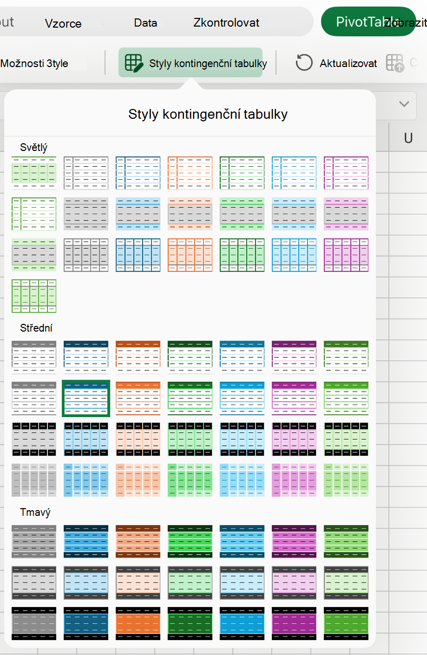 Galerie stylů kontingenčních tabulek na iPadu