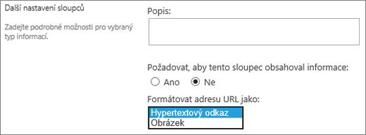 Volby sloupců obrázku nebo hypertextového odkazu