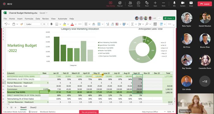 Snímek obrazovky prezentujícího (sdílejícího) během relace Excel Live v Teams