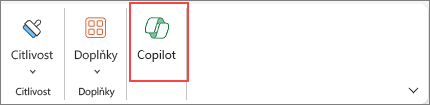Snímek obrazovky s přístupem k tlačítku Copilot na pásu karet v Excelu.