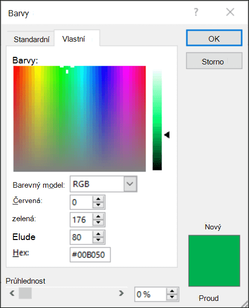 Výběr barvy v aplikacích Office. Pod poli RGB je nové pole, do kterého můžete zadat šestnáctkovou hodnotu barvy.