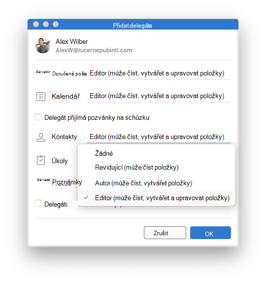 Delegování v Outlooku pro Mac