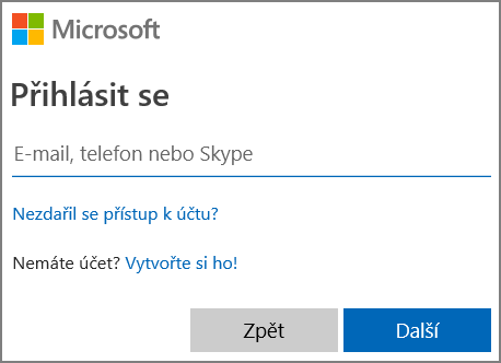 Snímek obrazovky s přihlášením k účtu Microsoft