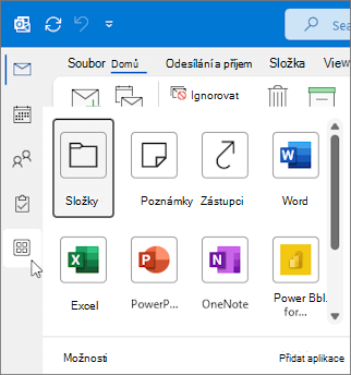Vysouvací nabídka Další aplikace v Outlooku pro Windows