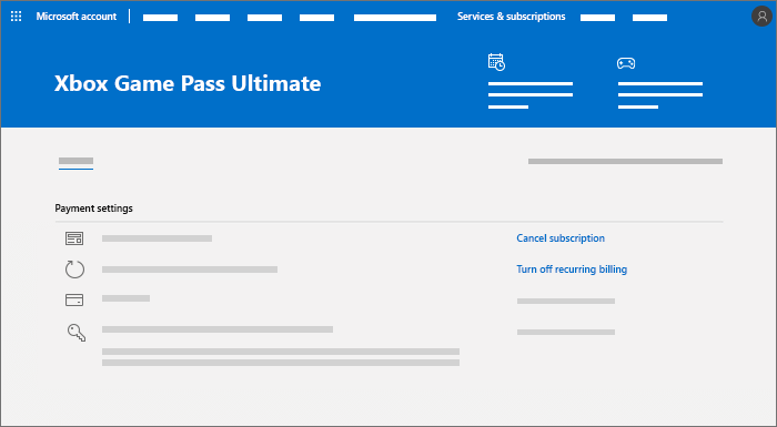 Stránka správy předplatného pro Xbox Game Pass Ultimate předplatného, kde můžete zrušit nebo vypnout opakované účtování.