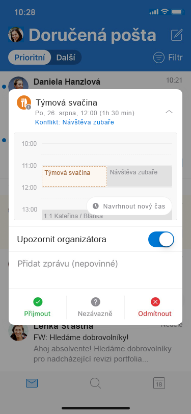 Navržení nového času v Outlooku pro iOS
