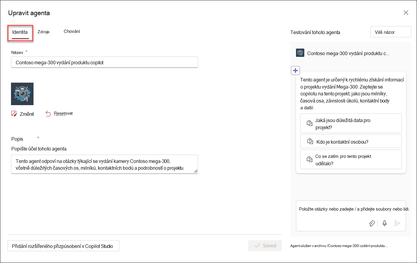 snímek obrazovky spouštěcího uživatelského rozhraní pro úpravu agenta Copilotu