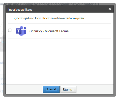 Snímek obrazovky s kurzem Schoology, který zvýrazňuje modální instalaci aplikace a zobrazuje možnost Schůzky v Microsoft Teams