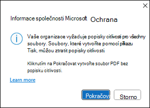 Okno vytvoření PDF aplikace Microsoft Info Protection