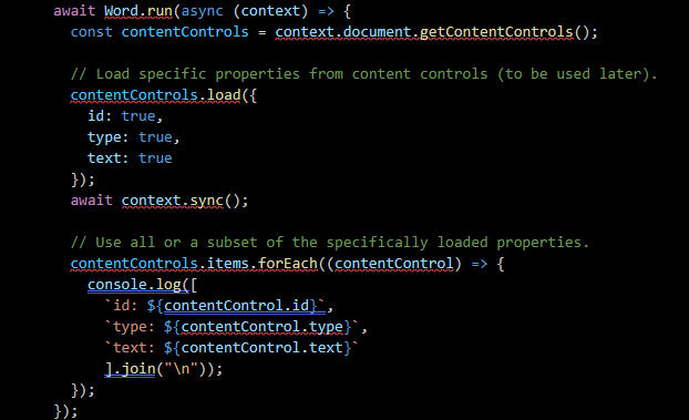 snímek obrazovky s alternativním řešením kódu rozhraní API Word JavaScriptu