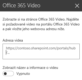 Snímek obrazovky s dialogem adresy videa Office 365 na SharePointu