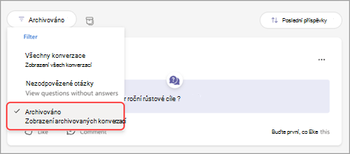 Snímek obrazovky s rozevírací nabídkou filtru Q&A se zvýrazněným archivem