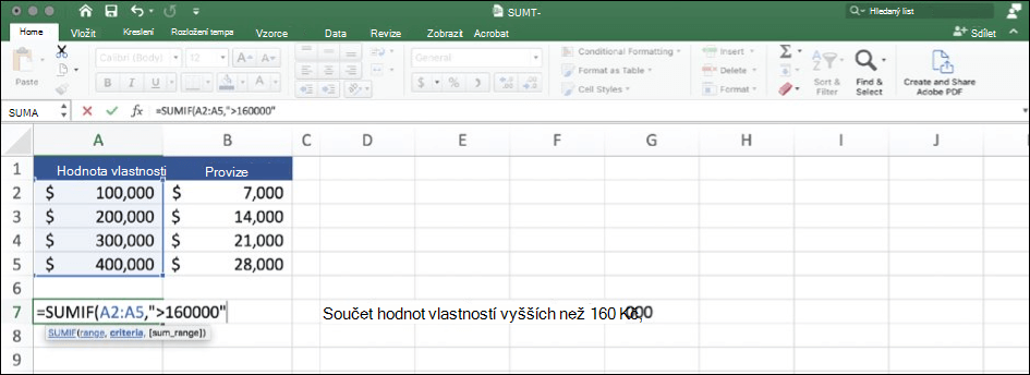 Snímek obrazovky dat Excelu, které používají funkci SUMIF