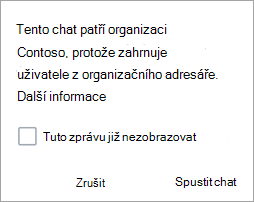 Snímek obrazovky zobrazující upozornění, že chat je organizační chat