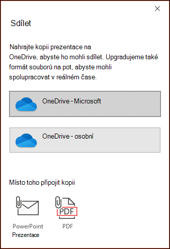 Dialogové okno sdílení v PowerPointu nabízí nahrání souboru do Microsoft Cloudu, abyste ho mohli bez problémů sdílet.