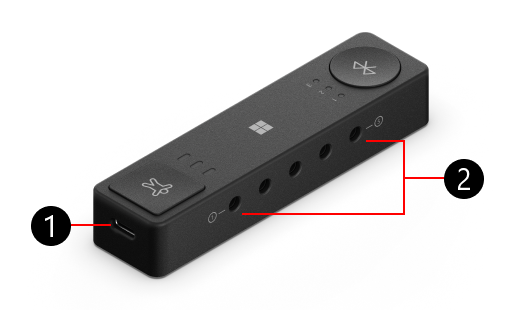 Adaptivní rozbočovač Microsoft s čísly pro identifikaci fyzických funkcí, počínaje nabíjecím portem USB-C.