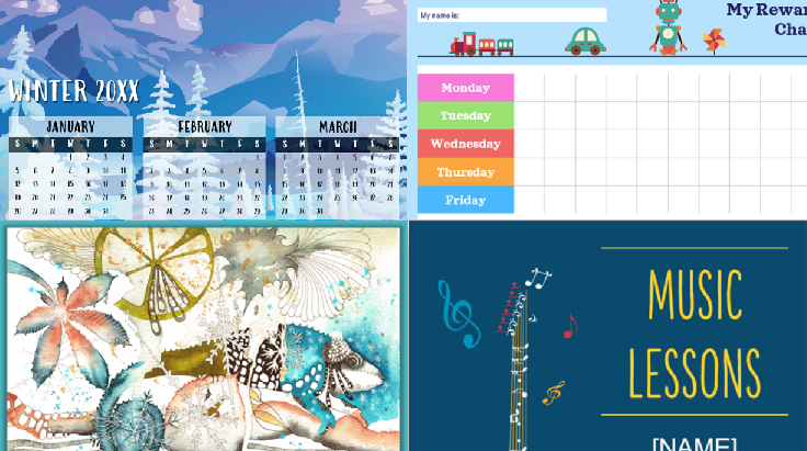 snímky obrazovky z prémiových šablon pro kalendáře, události a plány
