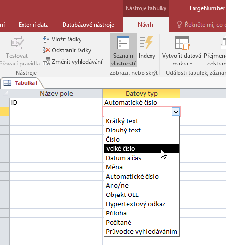 Snímek obrazovky se seznamem datových typů v accessové tabulce Je vybrána možnost Velké číslo.