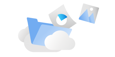 Složka obklopená mraky a dokumenty, jako jsou grafy nebo obrázky
