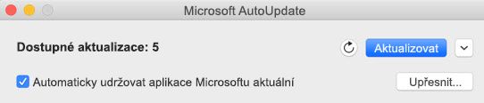 Okno Microsoft AutoUpdate s dostupnými aktualizacemi.