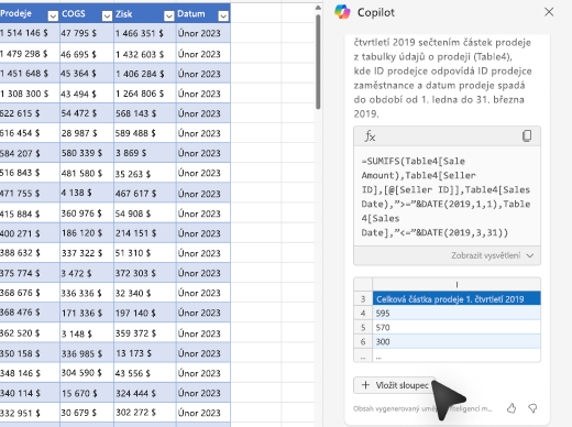 Snímek obrazovky s postupem vložení a přidání sloupce vzorce do tabulky pomocí funkce Copilot v Excelu.