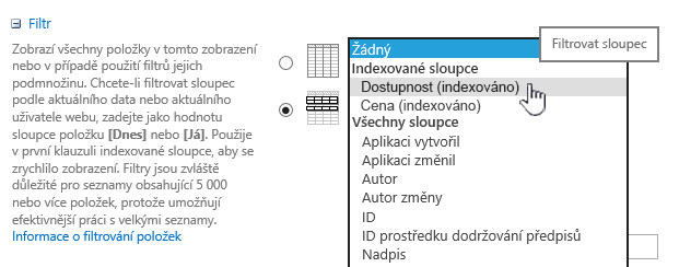 V SharePointu Online vyberte indexované pole.