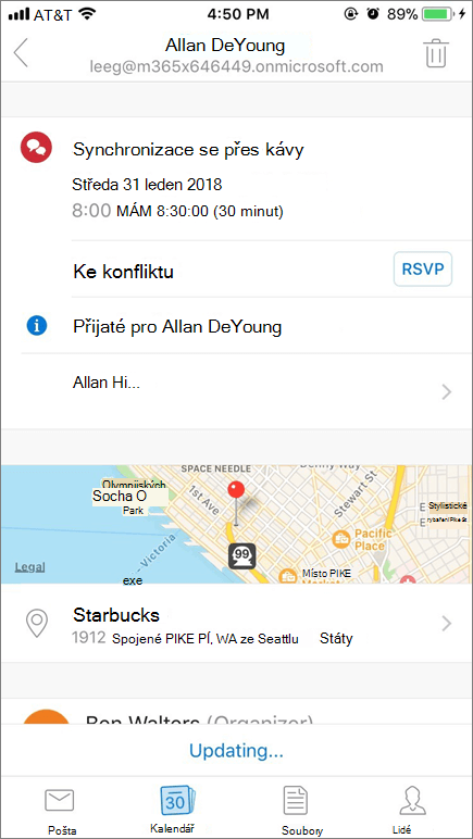 Snímek obrazovky, který zobrazuje pozvánku v kalendáři obrazovce mobilního zařízení.