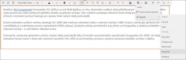 Příklad změny tónu navrhovaného textu v copilotu v sharepointu – před