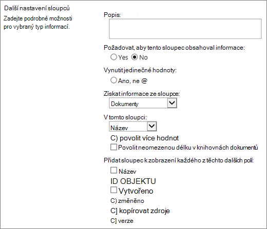 Dialogové okno pro výběr vyhledávacího sloupce