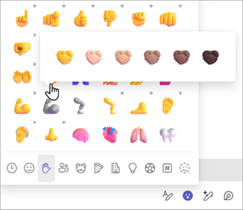 Snímek obrazovky znázorňující, jak zvolit upřednostňovaný tón pleti pro gesta rukou emoji