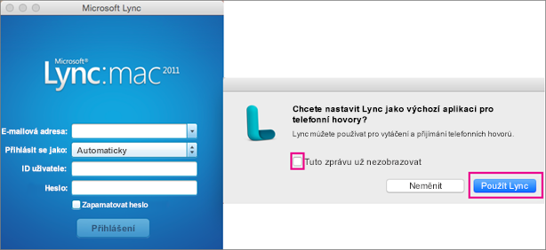 Pokud budete chtít Lync používat pro telefonní hovory, zvolte Používat Lync.