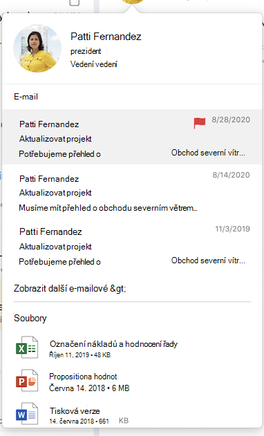 E-maily a soubory na kartě kontaktu v Outlooku