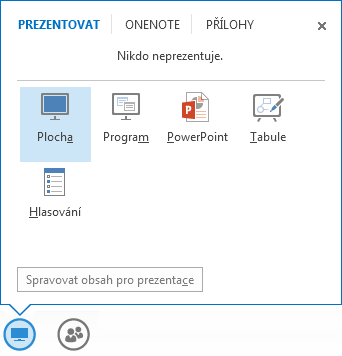 Snímek obrazovky s nabídkou sdílení a vybranou kartou prezentace, na které se zobrazuje PowerPoint a další možnosti sdílení