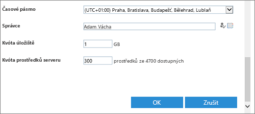 Dialog Nová kolekce webů s částí s časovým pásmem a kvótami