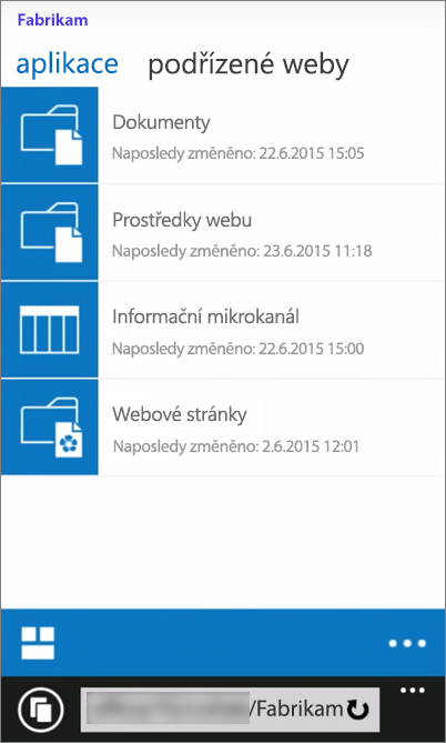 Snímek mobilního zobrazení webu SharePoint Serveru 2016