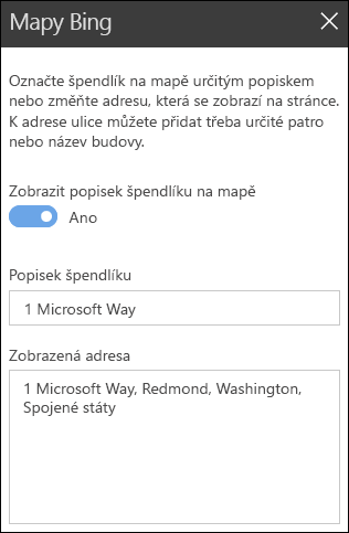 Panel nástrojů webové části mapy Bing