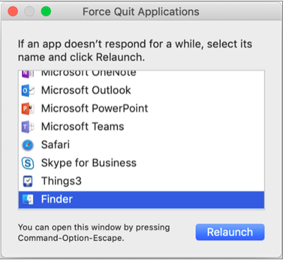 Zobrazí "Finder" vybraný v okně Vynutit ukončení aplikací.